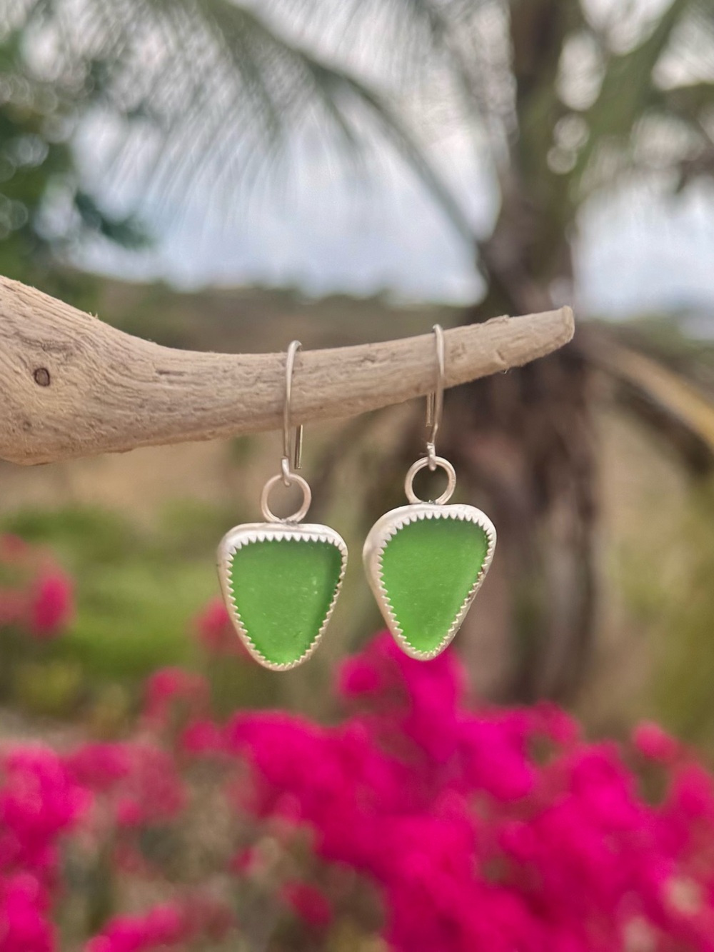 Bright Green Sea Glass Drop Earrings in Sterling-Style Setting